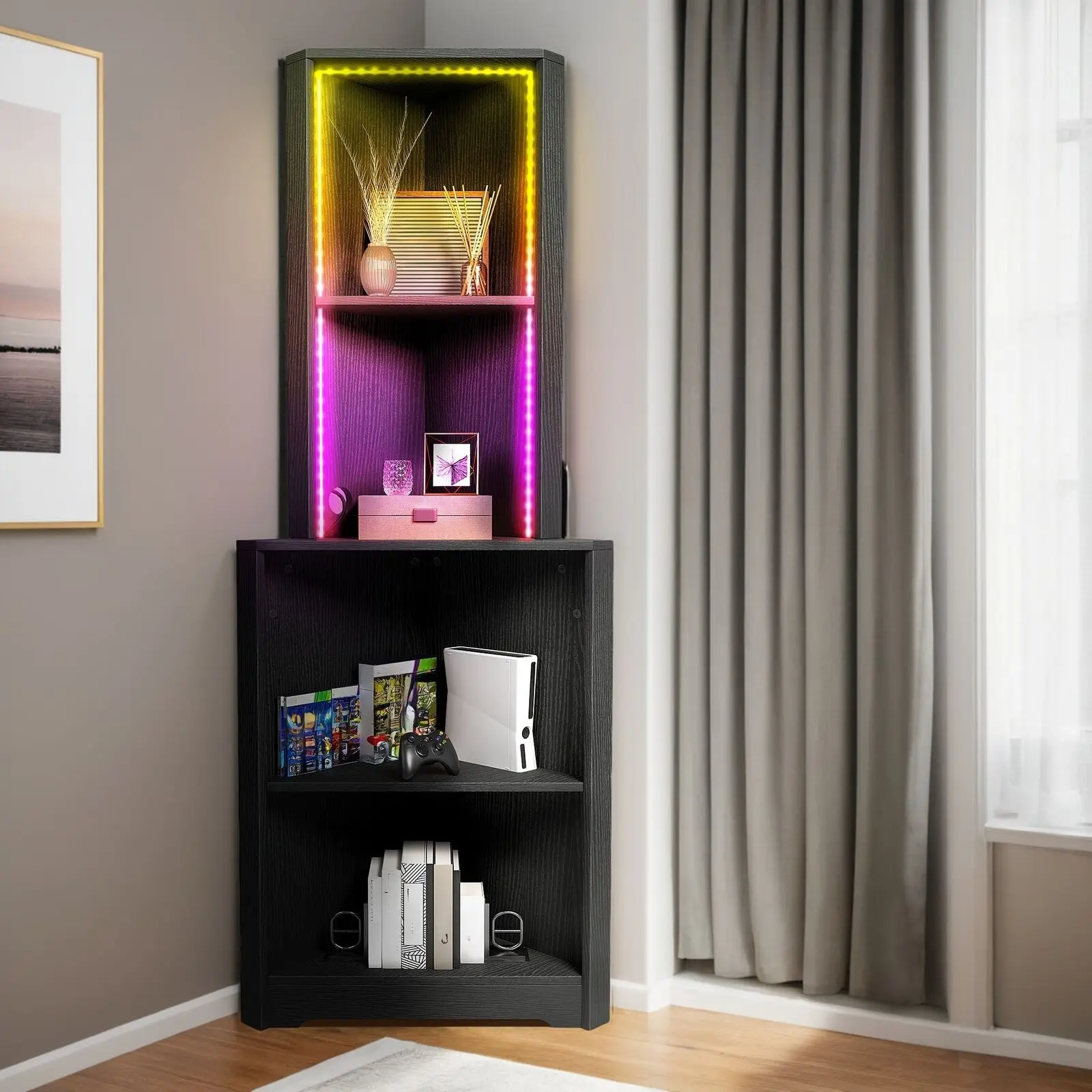 

5 Tier Corner Shelf with LED Light Bookcase Storage Display Rack Living Room