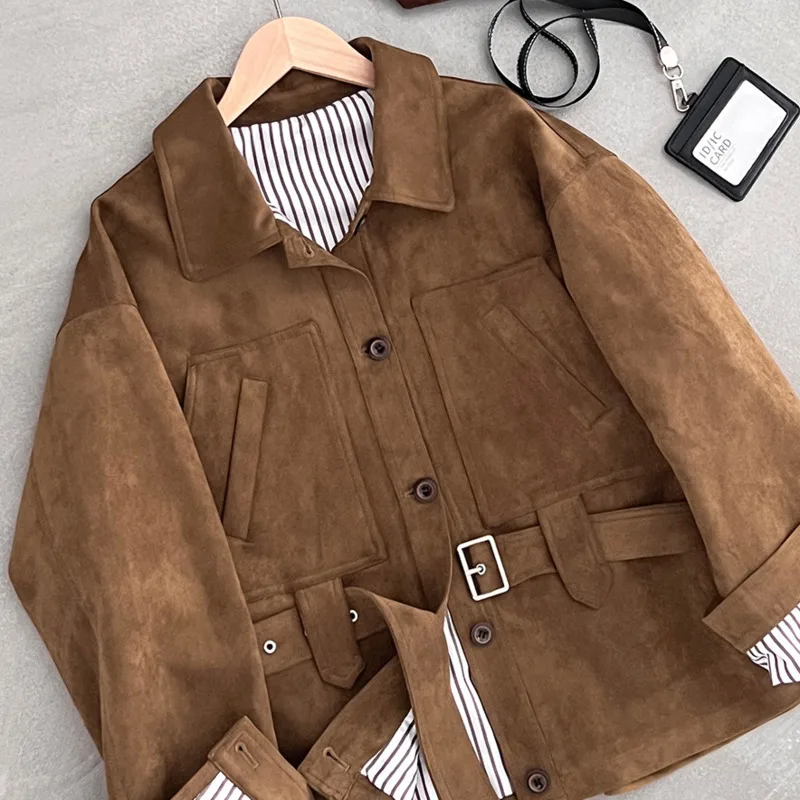 HKSH Frühling Herbst Neue frauen Verdicken Jacke Faux Wildleder Gürtel drehen-unten Kragen Einreiher Vielseitig Retro Chic mantel HK14759