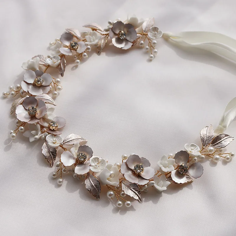 女性のための金の葉のヘッドバンド,イヤリング,手作りのセラミック花