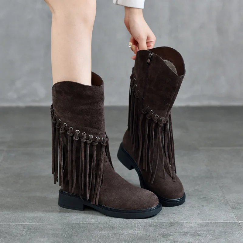 Women Leather Mid Calf Boots Coffee Fringe Style Shoes Women Handmade Genuine Leather  Women Knight Boots Soft Heel Brand Shoes