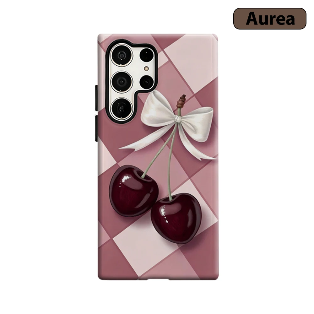 Bow-Tied Cherries Phone Case for Samsung Galaxy S25 Ultra S24 S23 Ultra Plus Shockproof Double Layer Tough Back Cover