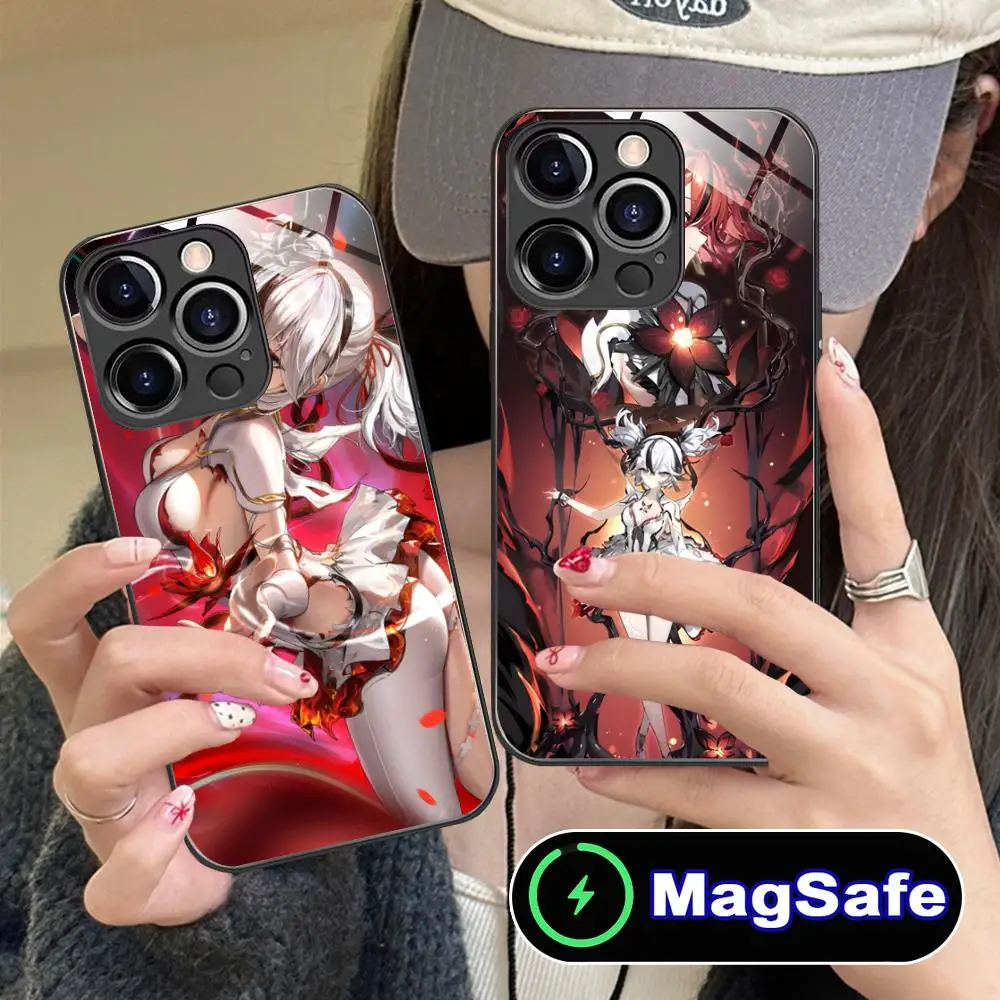 

Чехол для телефона Wuthering Waves Camellya для iPhone 16, 15, 14, 13, 12, 11 Pro Max Plus Mini MagSafe, стеклянный цветной защитный чехол, роскошный