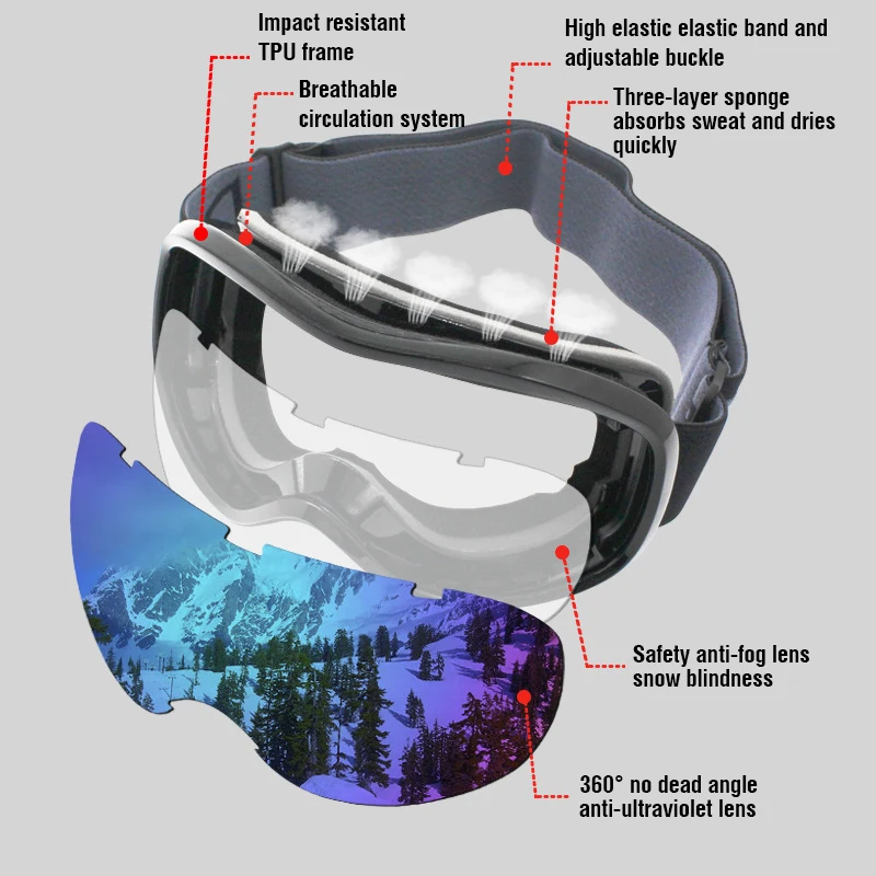 Ski Goggles Double Layers UV400 Anti-fog Big Ski Mask Glasses Skiing Snow Men Women Snowboard Goggles Skiing Sunglasses Eyewear