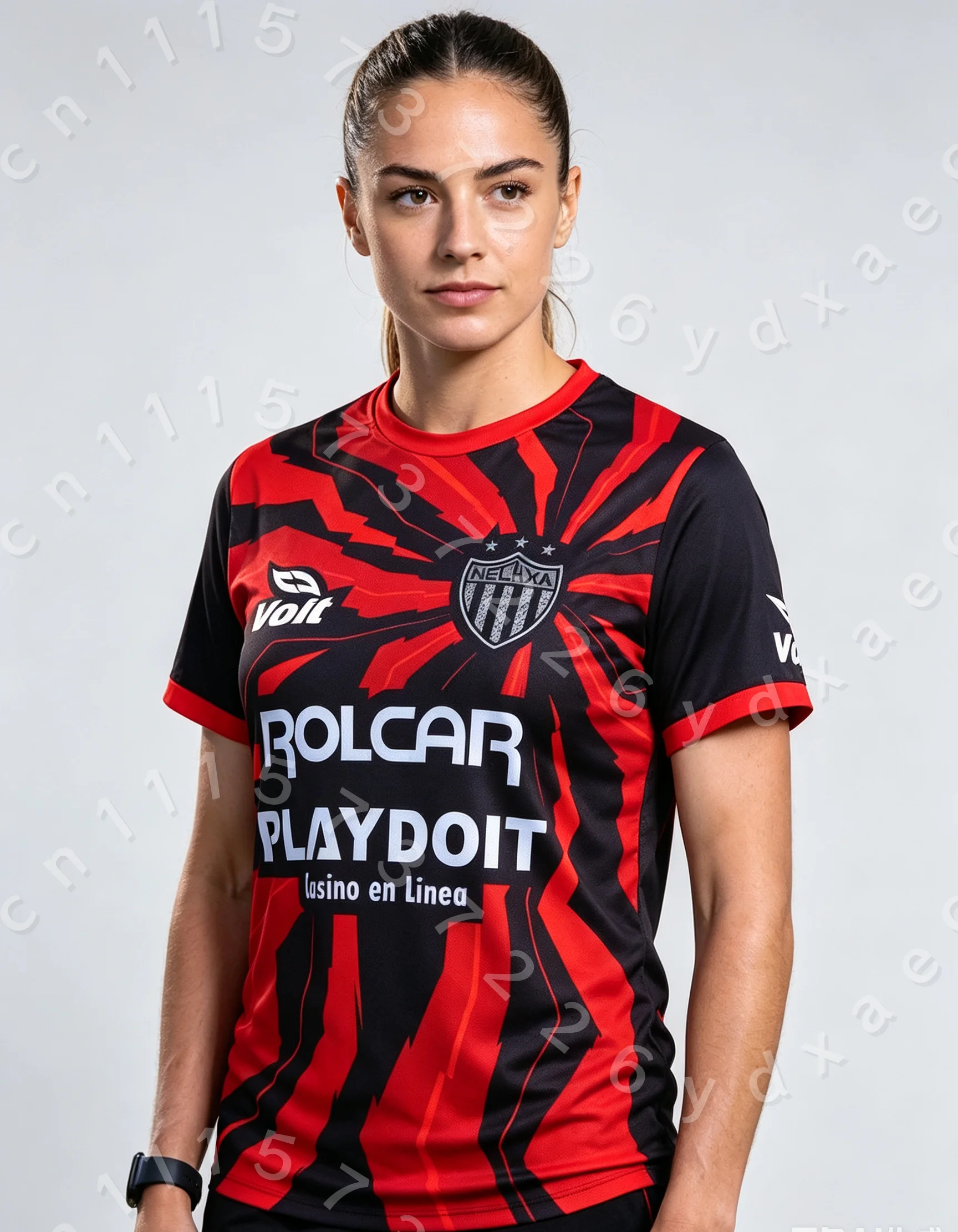 Family Matching Mexico Club Style Football Top Red Black Stripe Pattern Emblem Casual Daily Wear Short Sleeve Sports Jersey