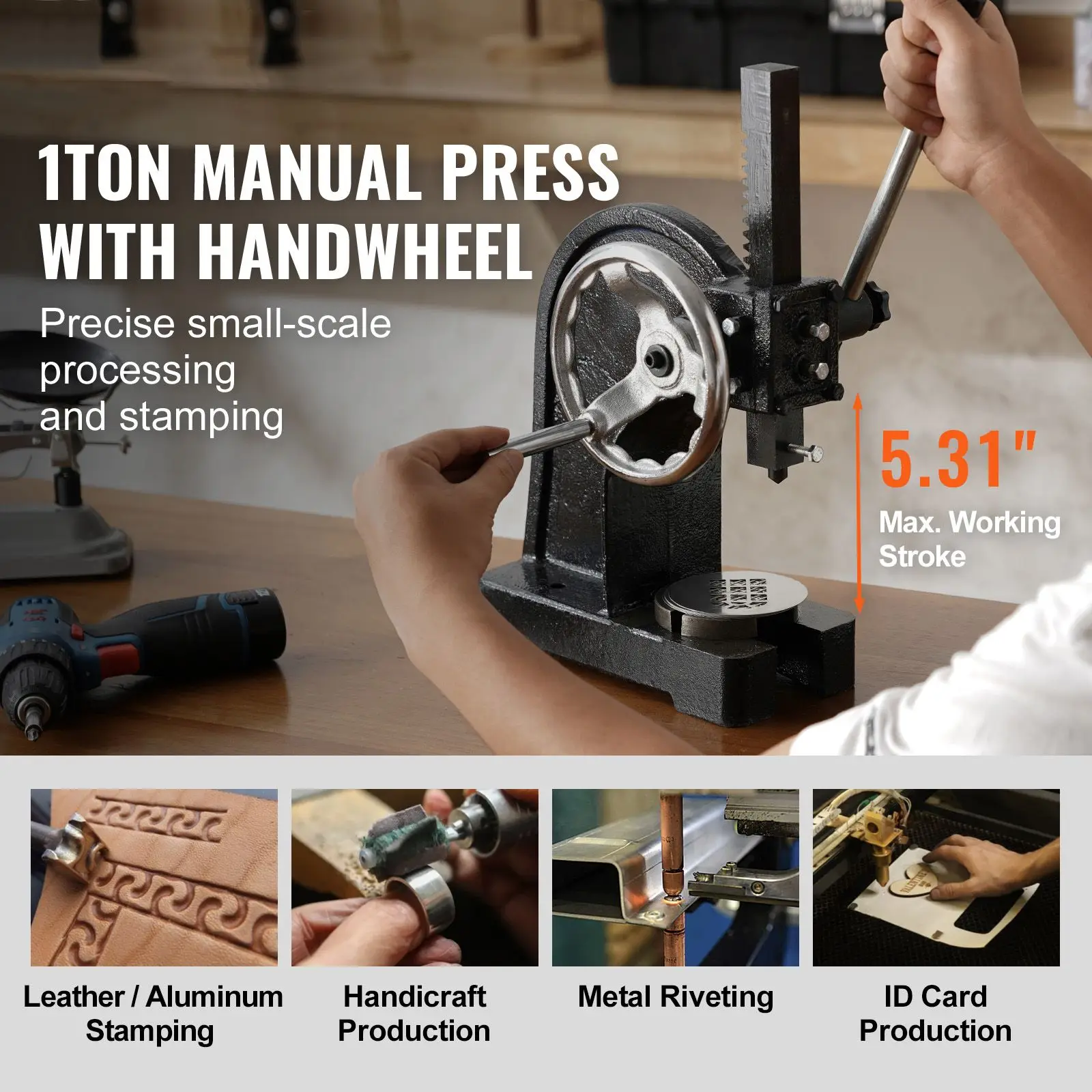 Arbor Press, 1 Ton Manual Arbor Press with Handwheel, 5.9
