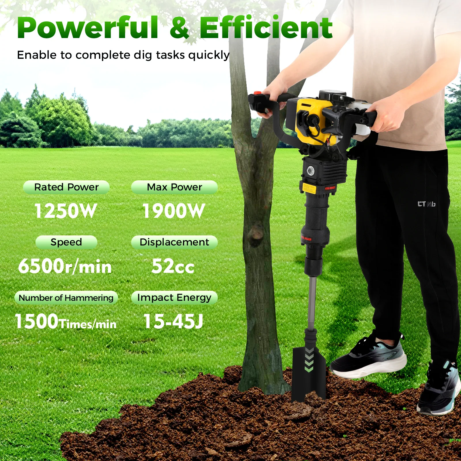 1900w 52cc Handheld Trenching Machine 2 Stroke Gasoline Excavator Tree Seeding Transplanting Tool 1500 Times/Min for Garden Farm