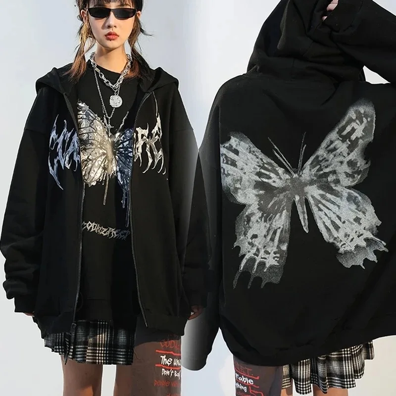 Gothic Graphic Print Jackets Women Y2K Zip Up Hoodies Streetwear Sweatshirts Hip Hop Tops Loose Harajuku Casual Coats