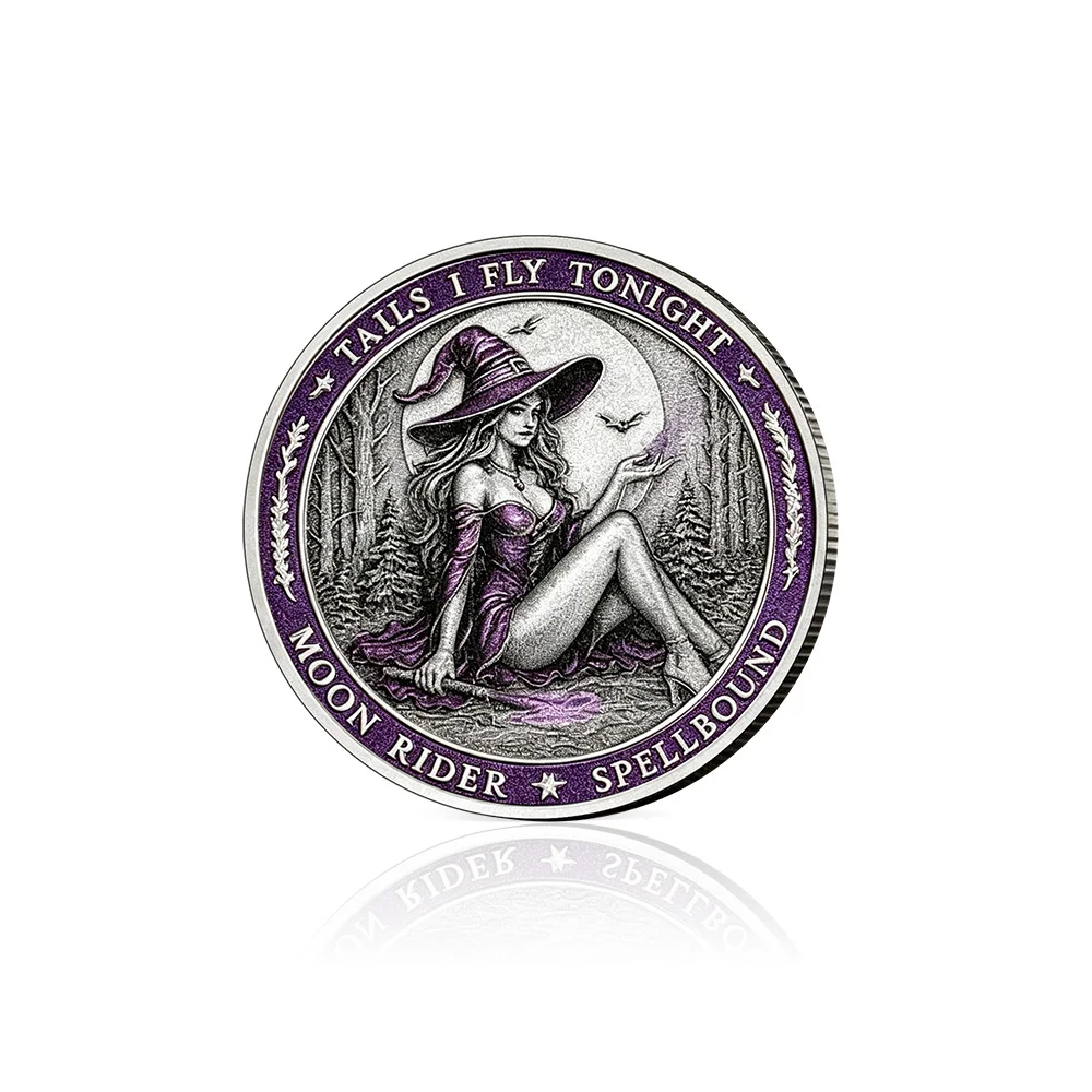 2026 New Moon Rider Witch Coin Purple Copper Women Coins Spellbound Gothic Fantasy Challenge Coin Halloween Gift Gothic Decor