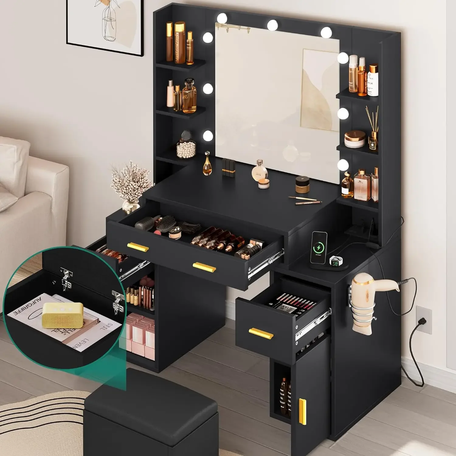 YITAHOME-Bureau de maquillage avec miroir et lumières, grand ensemble de vanité avec station de charge, table en spanTable avec banc de rangement