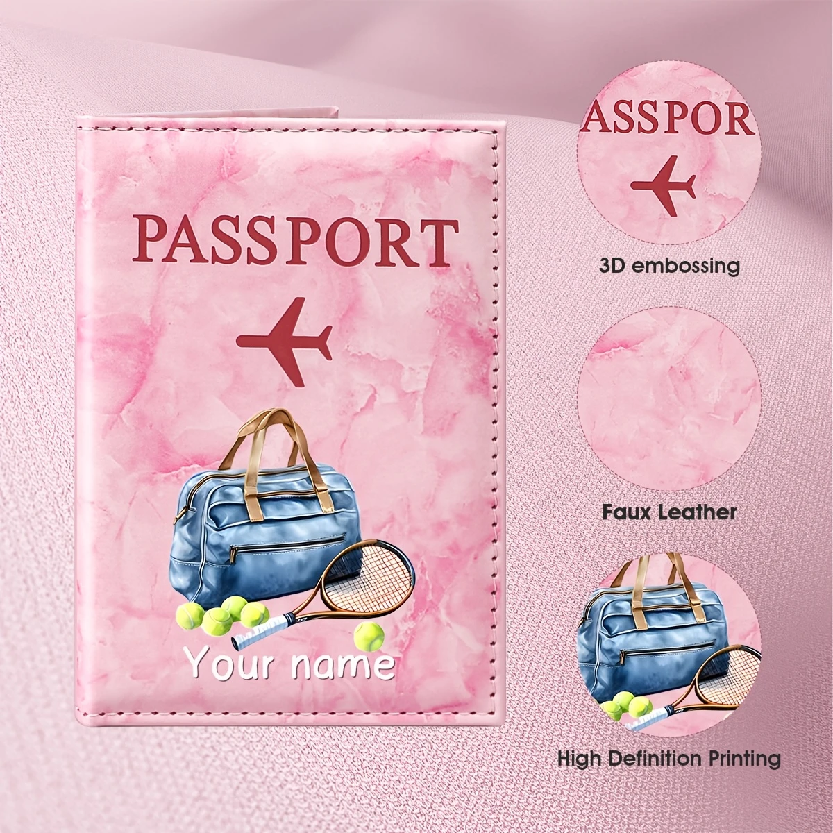 Personalized Custom Name Travel-Themed Tennis Sport Style PU Passport Holder, Blue Canvas Bag with Tennis Racket Pattern Design