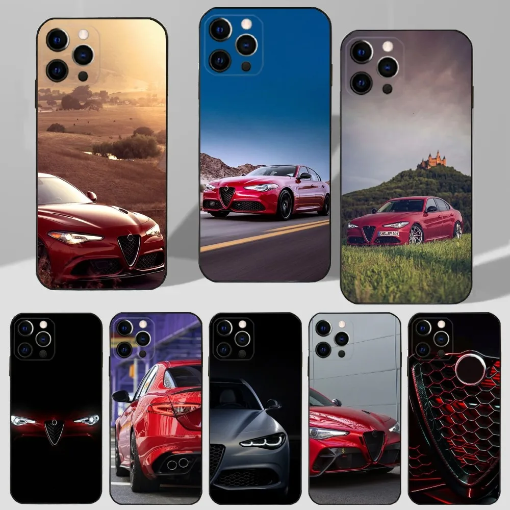 A-Alfa-es Cool R-Romeo Capa de telefone para carro para iPhone 16,15,14,13,12,11 Plus,Pro Max, XS, X, XR, SE, Mini, 8,7 Capa preta de silicone macio