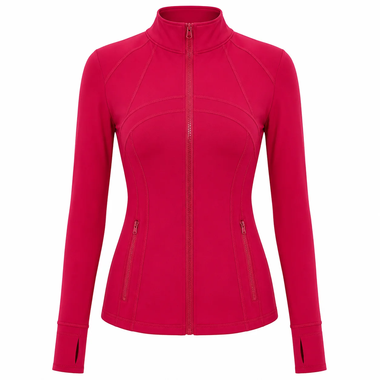 Women's Crimson Red Slim Fit Full Zip Sports Jacket Stand Collar Long Sleeve Thumbhole Workout Running Yoga Outerwear