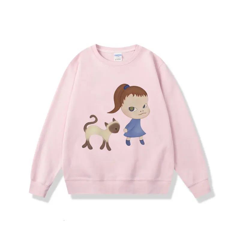 Camisola gráfica unisex Yoshitomo Nara menina e gato, pulôver casual de grandes dimensões, arte kawaii fofa, moletons estéticos, homens e mulheres