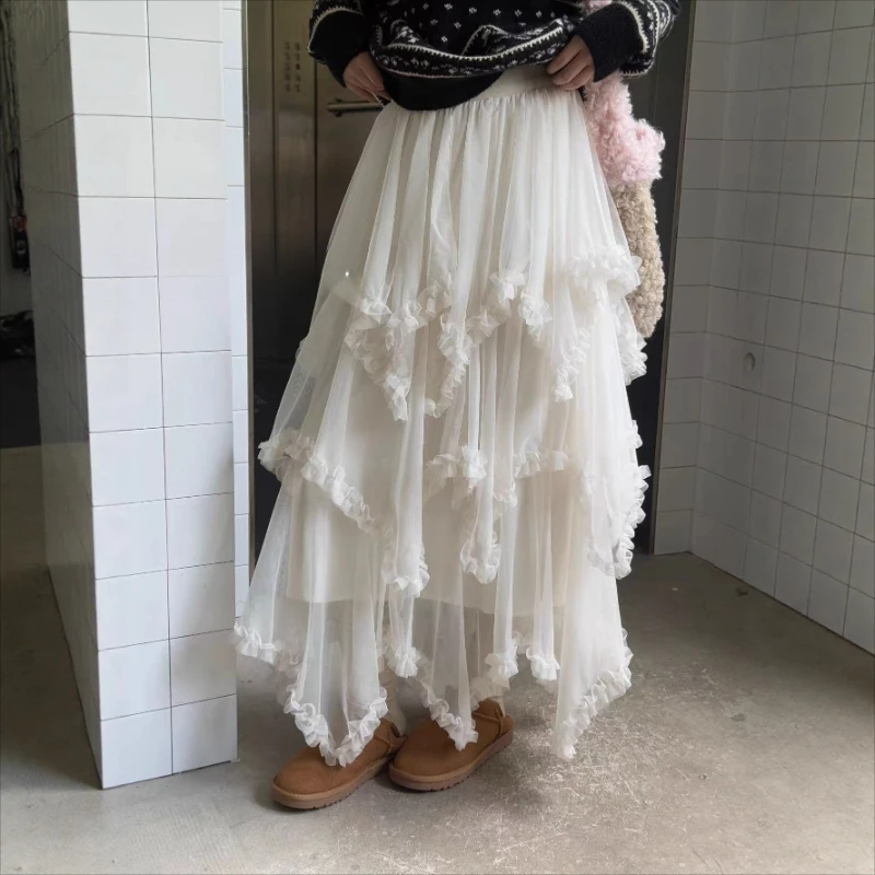 

2026 Spring/Summer New Irregular Mesh Pleated High Waisted Drape A-line Large Swing Skirt for Women