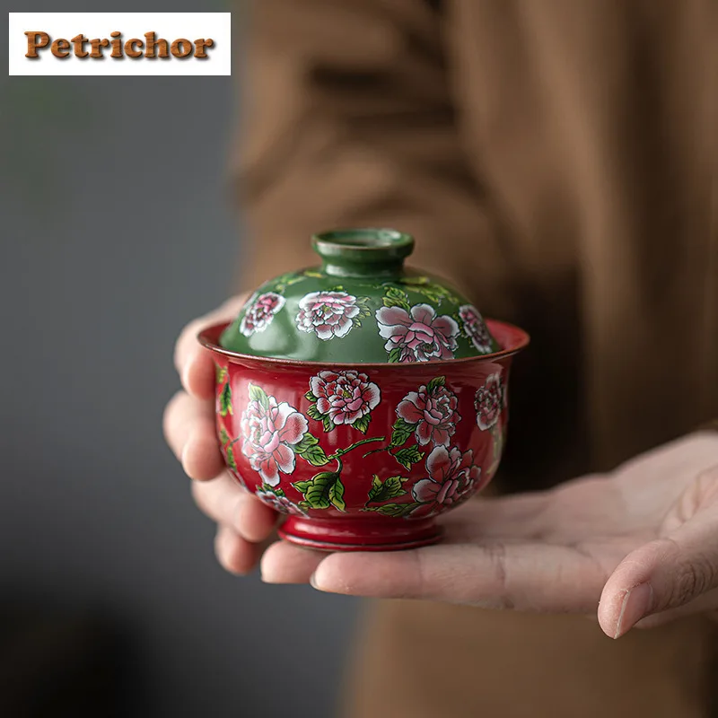

135ml Color Enamel Peony Gaiwan Aesthetic Tea Tureen Tea Bowl With Lid Kit Tea Maker Cover Bowl Kung Fu Tea Set Decoration Craft