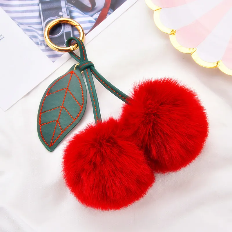Fluffy Cherry Keychain Faux Rex Rabbit Fur Ball Bag Charm Kawaii Fruit Pom Pom Keychain for Women Handbag Car Mirror Accessories
