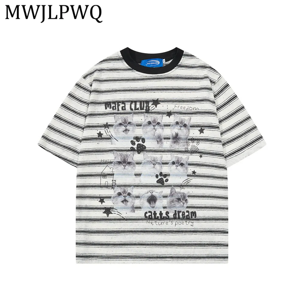 

MWJLPWQ Stripd Short-Sleeve T-Shirt For Boys Hip-Hop Street Quirky Print Design Round-Neck Ins Loose Tops Spring Summer 16450