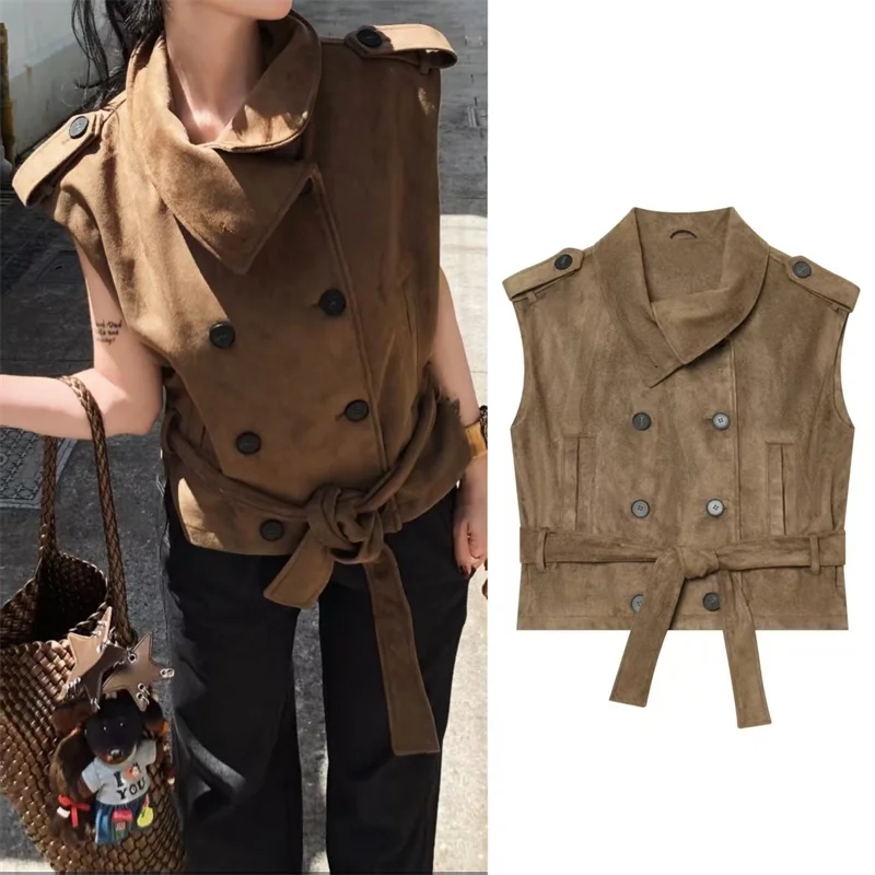 Guobioziy Women's Vest 2026 Fall/Winter New Camel Sleeveless Suede Texture Stand Collar Belted Vest Outerwear Top Trendy Stylish
