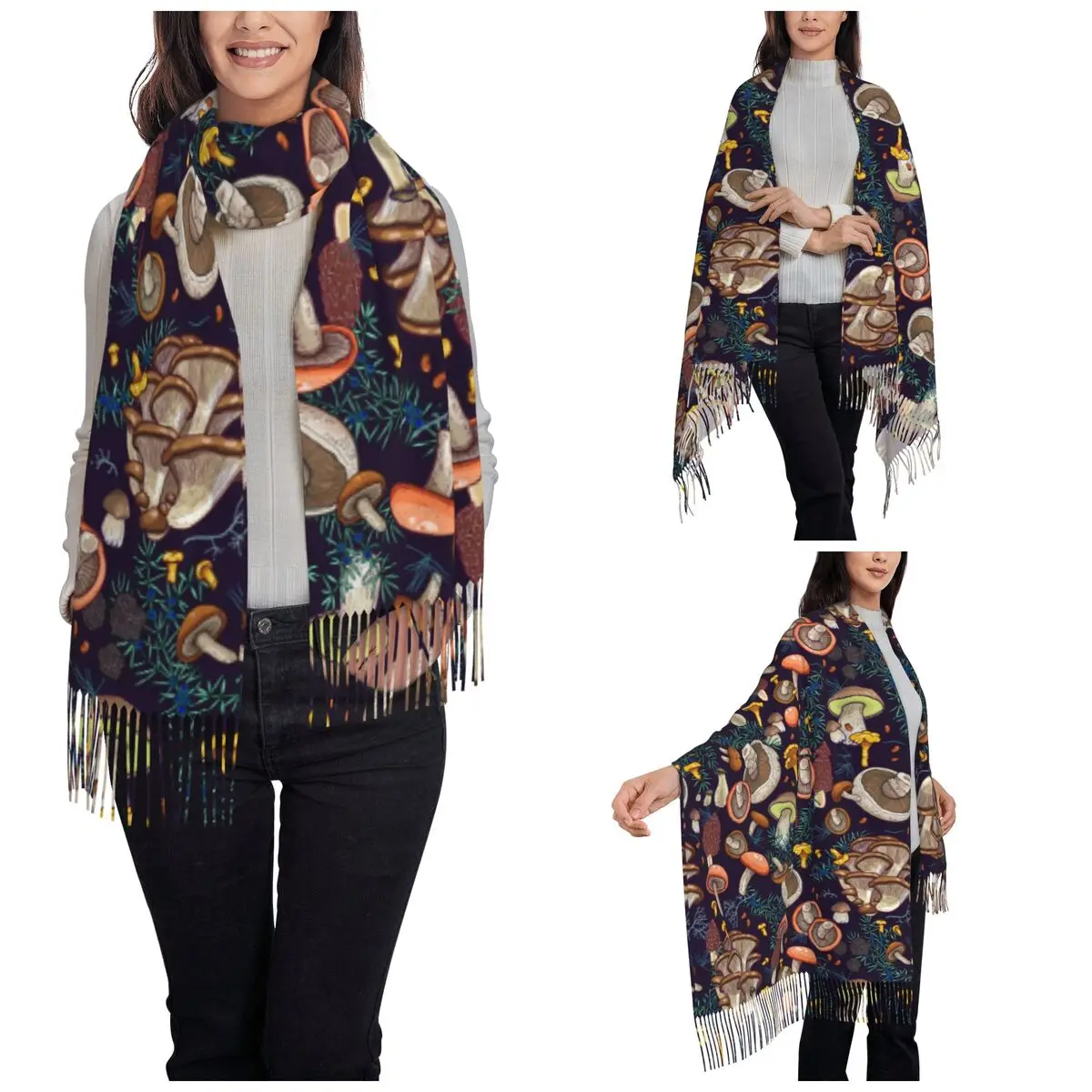 Women's Scarf with Tassel Dark Dream Forest Mushroom Large Winter Warm Shawl Wrap Gifts Cashmere Scarf