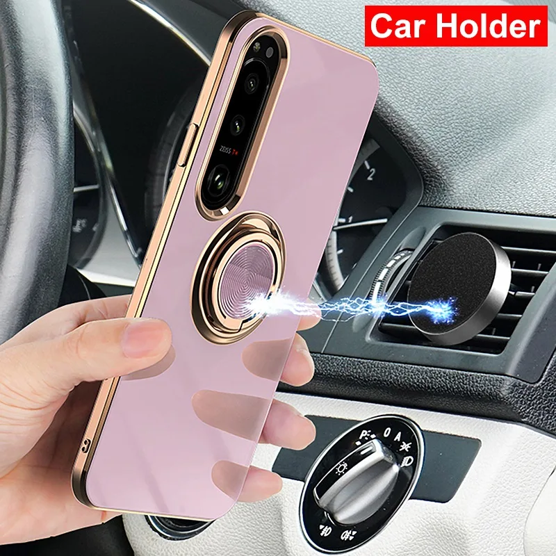 Luxury Plating Silicone Magnetic Ring Holder Phone Case For Sony Xperia 1 5 10 III IV V VI VII Shockproof Electroplated Cover view 3