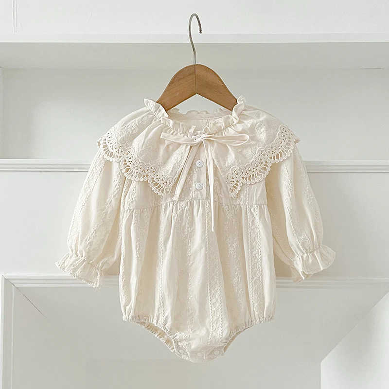 0-2Yrs Fashion Clothes Baby Romper Newborn Bodysuit Lace Peter Pan Collar Princess Bow Romper Long Sleeves Infant Girl Jumpsuit