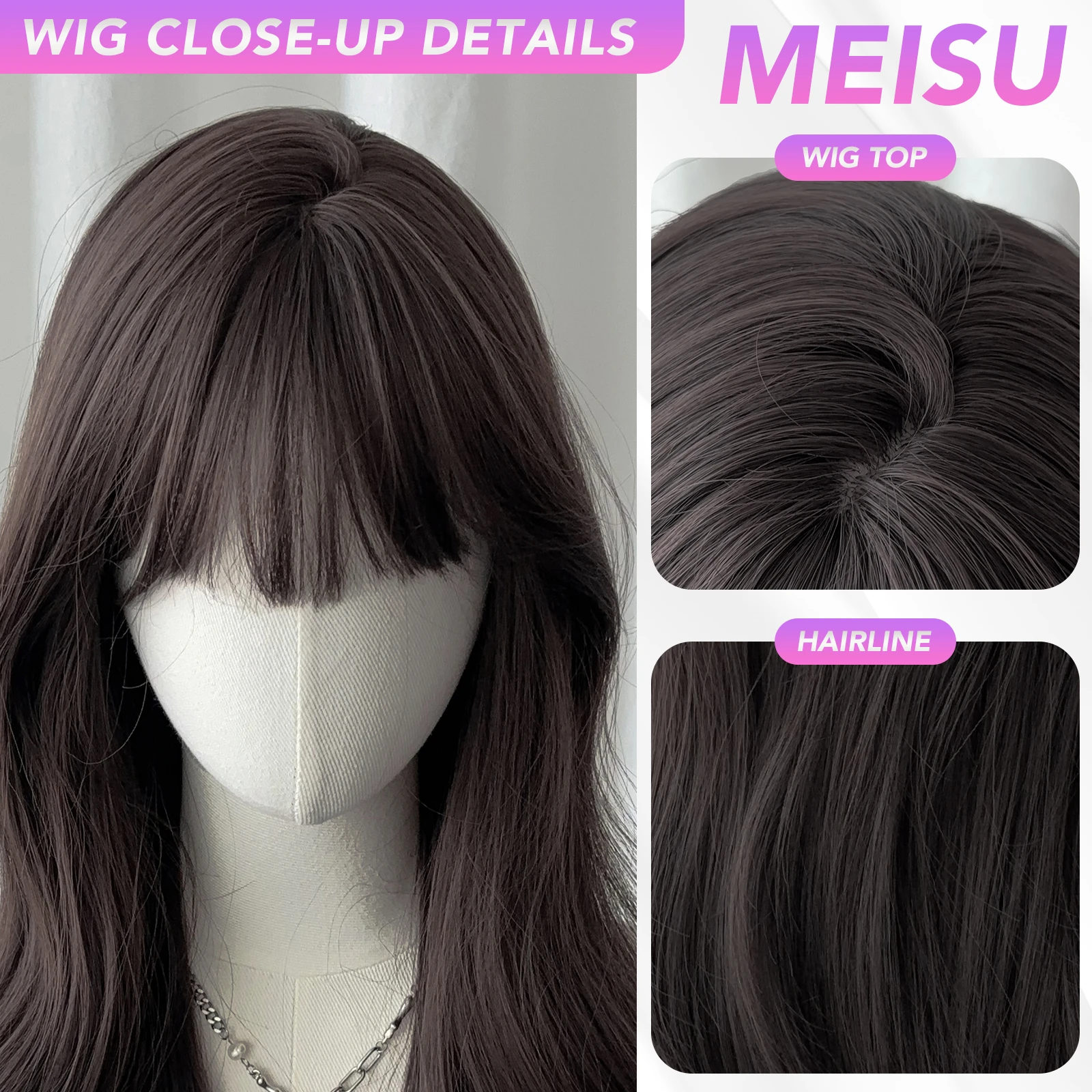 MEISU Black Curly Wave Bangs Wig 22 Inch 26 Inch Fiber Synthetic wig Heat-resistant Natural Party or Selfie For Women