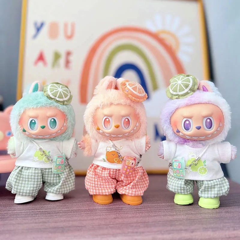 

For 15/17cm Labubu Doll Clothes Lemon Hairpin Checkered Pants Set Cute Labubu Plush Dolls V1 V2 V3 Clothing Diy Toys Accessories