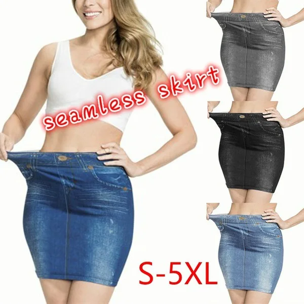 

Women Faux Denim Skirt Fashion Print Seamless Jean Skirts Short Slim High Waist Elastic Polckets Female Mini Dress