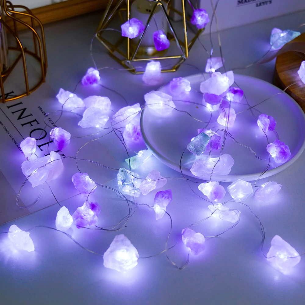 Natural Gemstones Amethyst Clear Quartz Lights Birthday Atmosphere Lamp Healing Crystal Raw Stone Home Wedding Party Decor Gift