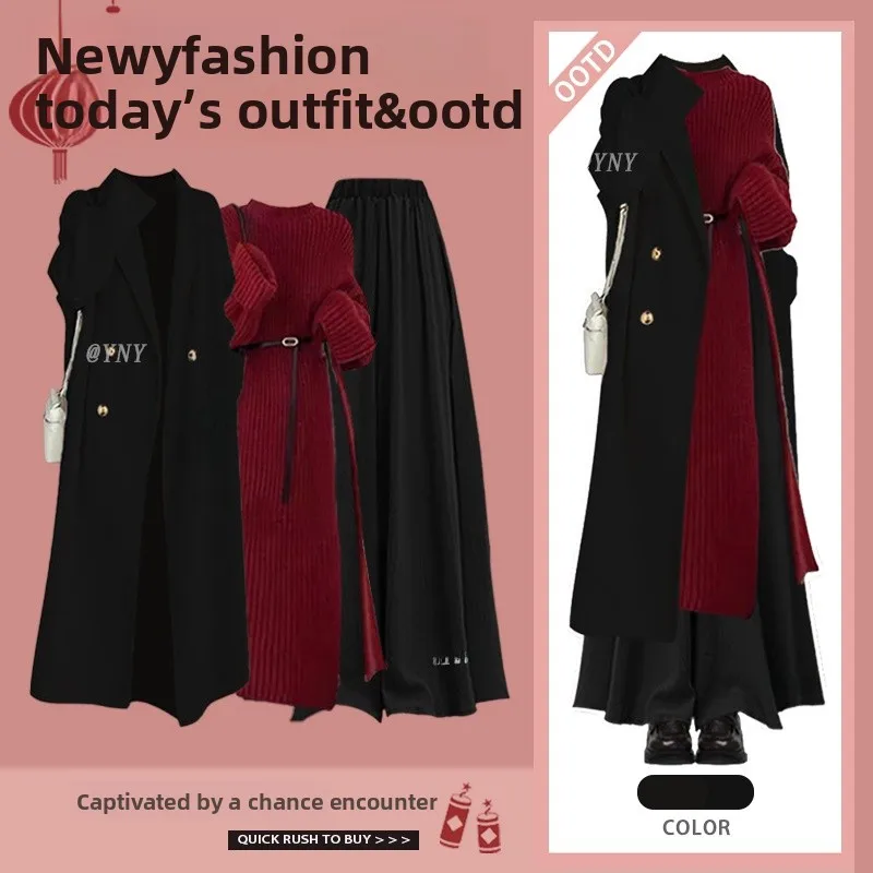 

Korean Sle Women's Knitted Sweater Tee-Piece Set Autumn Winter New Arrival Matching Pants And Skirts Faionable Ensemble