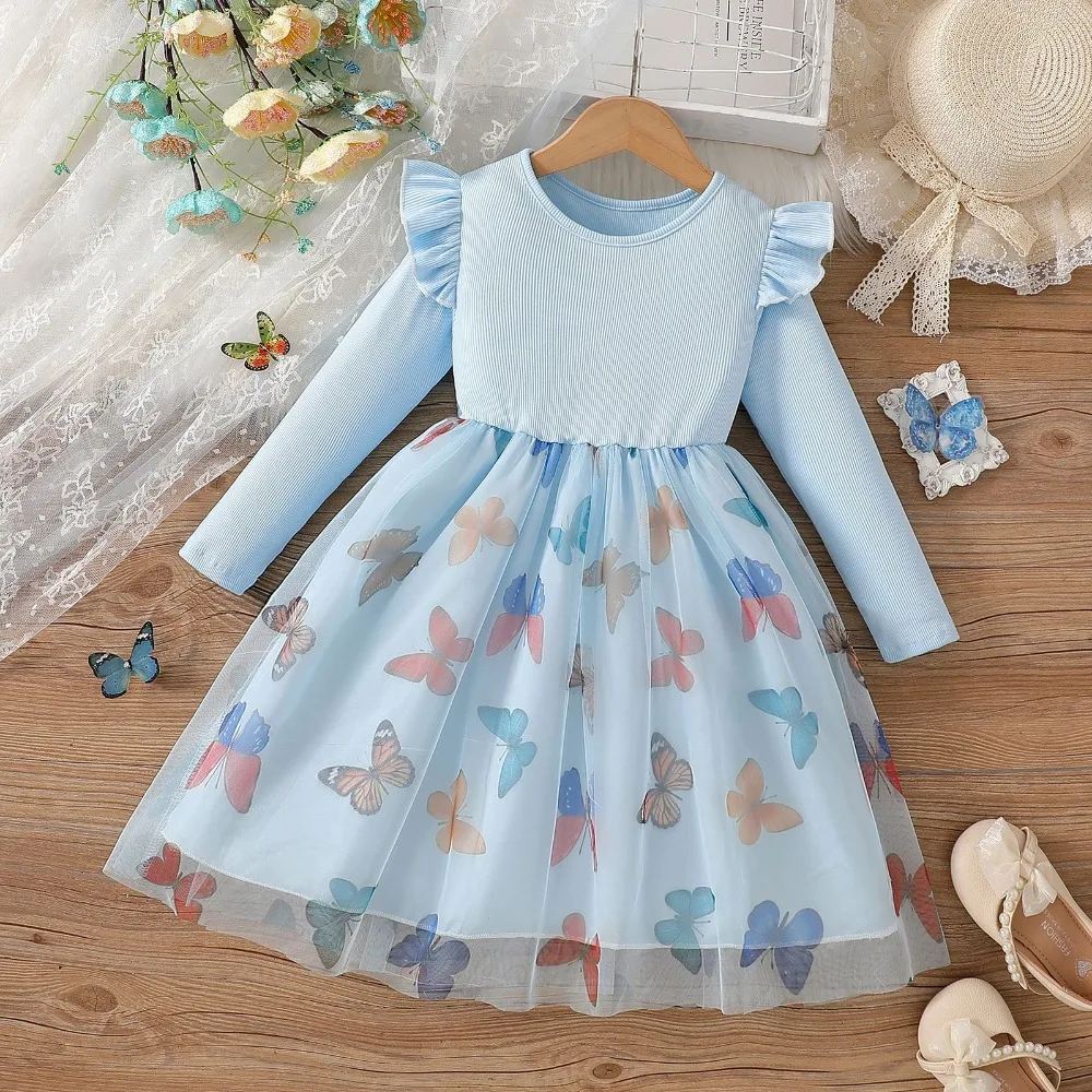 ブループリンセスドレスラウンドネック長袖メッシュ蝶プリント秋の新しい女の子カジュアル服かわいい誕生日パーティー用 1