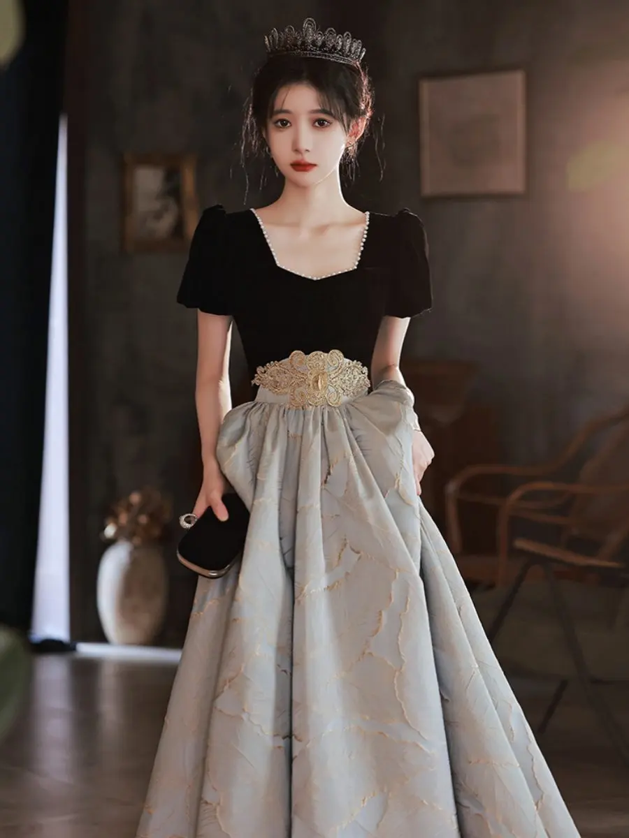 

Элегантное длинное вечернее платье для женщин, для выпускного вечера, для ведущей церемонии, корейский стиль, с U-образным вырезом, короткий рукав, стройнящее