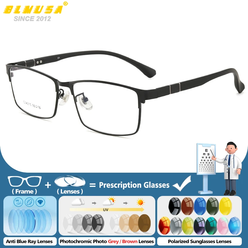 

BLMUSA (L) New Men Casual Square Progressive Prescription Glasses Ultra Tough Legs Anti Blue Ray Myopia Photochromic Eyeglasses