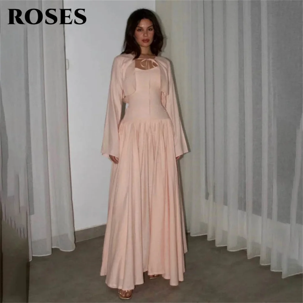 

ROSES Feminine Blush Pink Prom Dresses Sweetheart Chiffon Party Dress Fluttery Long Sleeves Evening Dress for Woman Customized