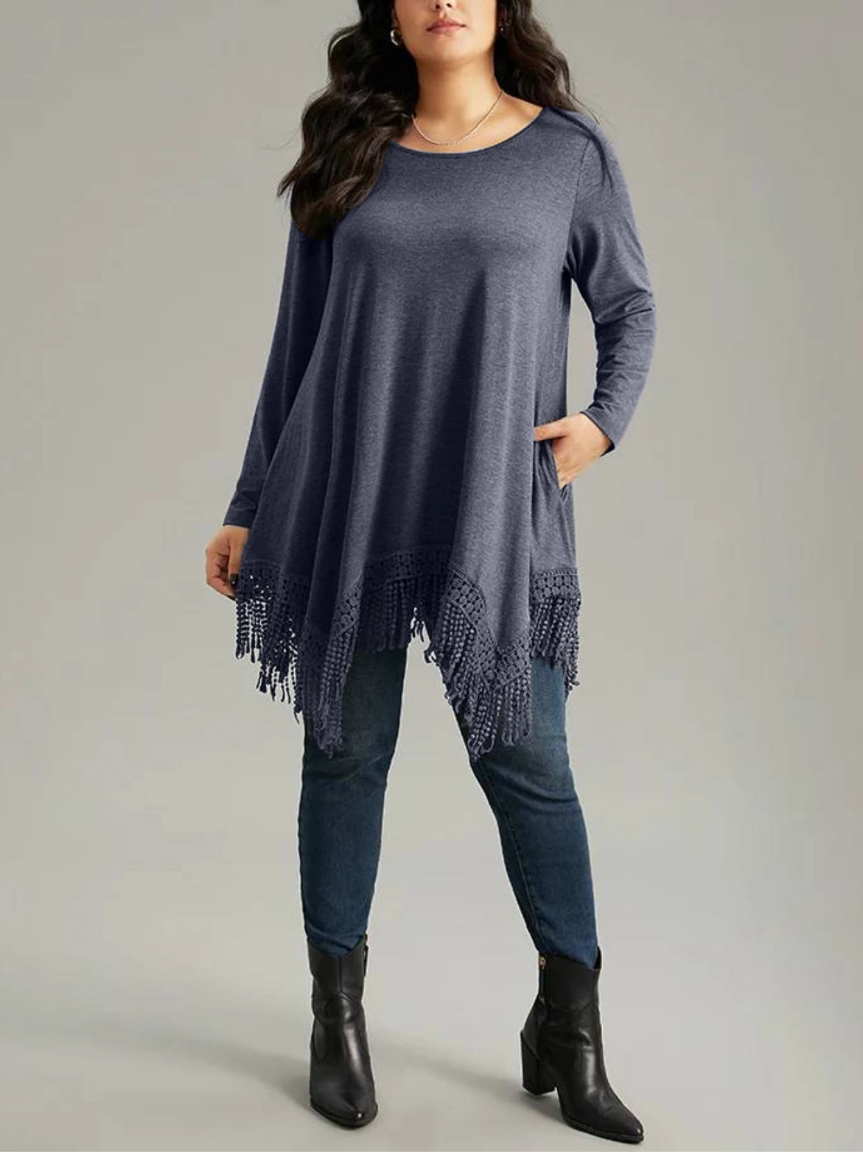 Women's Plus Size Tassel T Shirt Long Sleeve Round Neck Solid Basic Loose Aysmmetric Hem Tee Tops for Autumn 2024 Casual t shirt