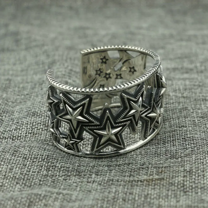 

Sterling Silver Star Bracelet European and American Men's Harley Dominant Gothic High end Rock Style Retro Five Point Star Brace