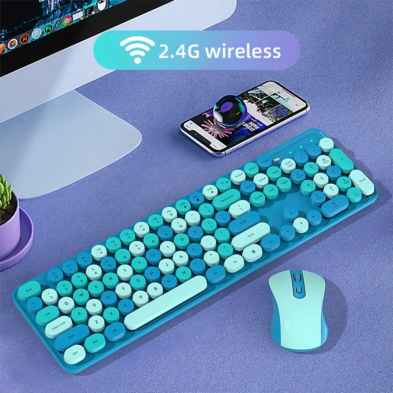 Pink Blue Purple Silent Colorful Wireless Keyboard with Round Keycaps 2.4G USB Cordless Wireless Keyboard and Mouse Combo