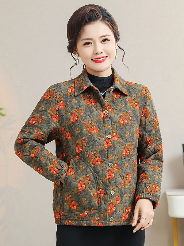 

Пальто с цветочным принтом из хлопка и полиэстера, свободного кроя, с воротником-рубашкой, теплое, повседневное, для женщин среднего возраста