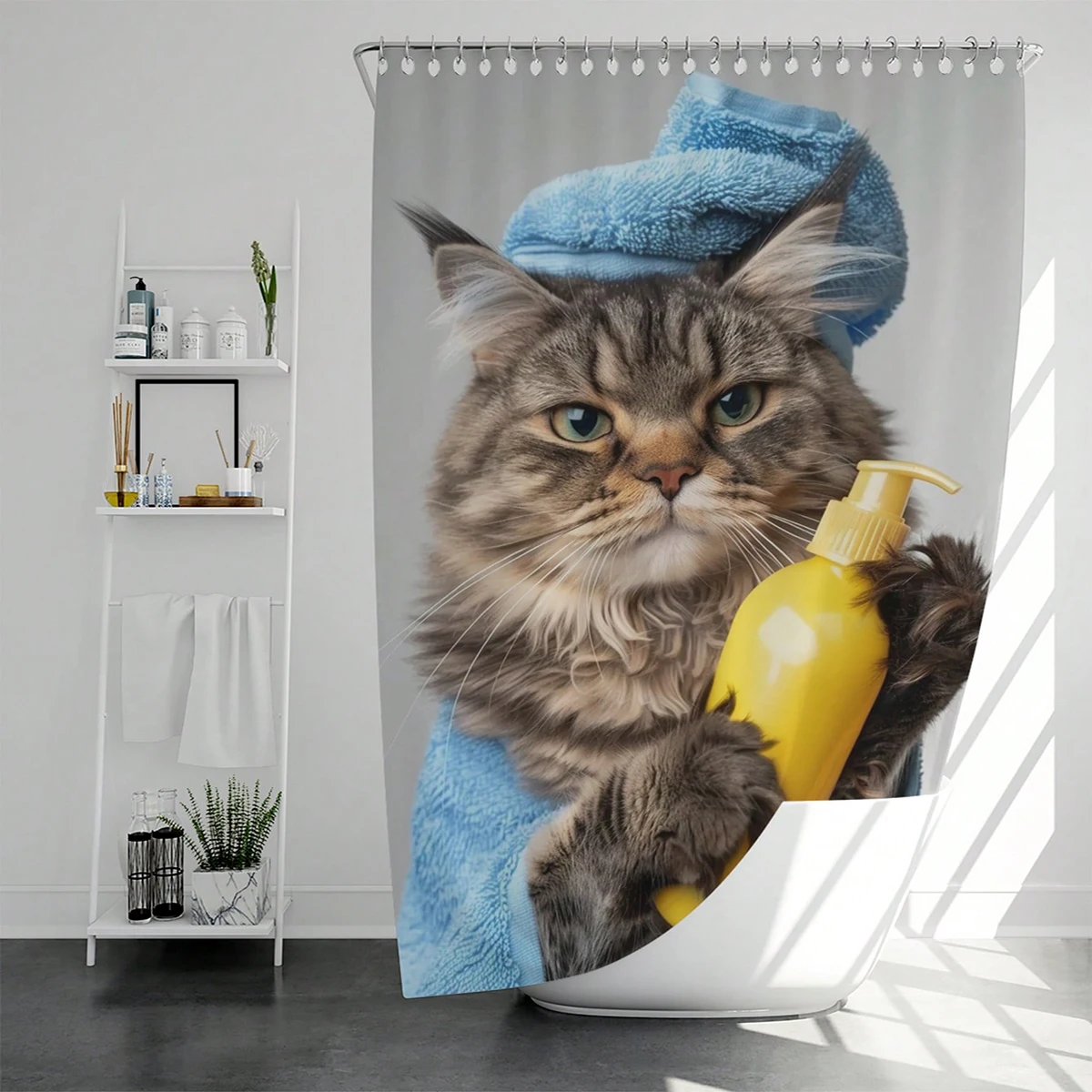 1 pc shower cat pattern polyester material shower curtain waterproof fabric, thickened anti mold partition curtain for bathr