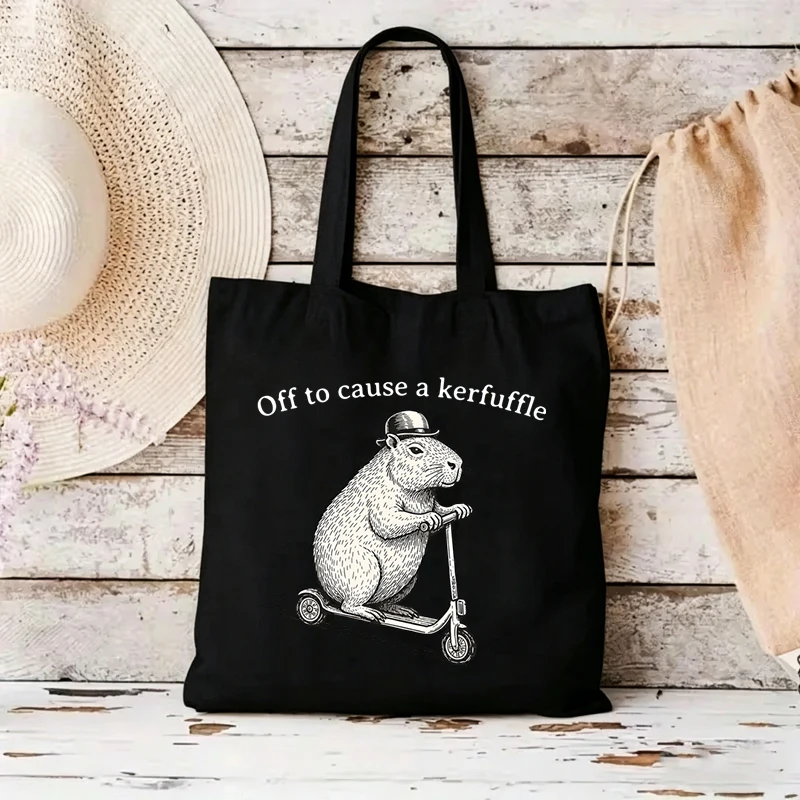 Cute Capybara Drinking Boba Canvas Tote Bags Cartoon Capybara Women's Handbags Student Reusable Grocery Shoulder Bag Gifts