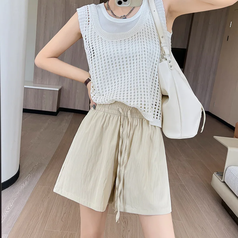 Ice silk shorts women's summer 2026 new high waisted wide leg mid length pants loose casual five quarter pants