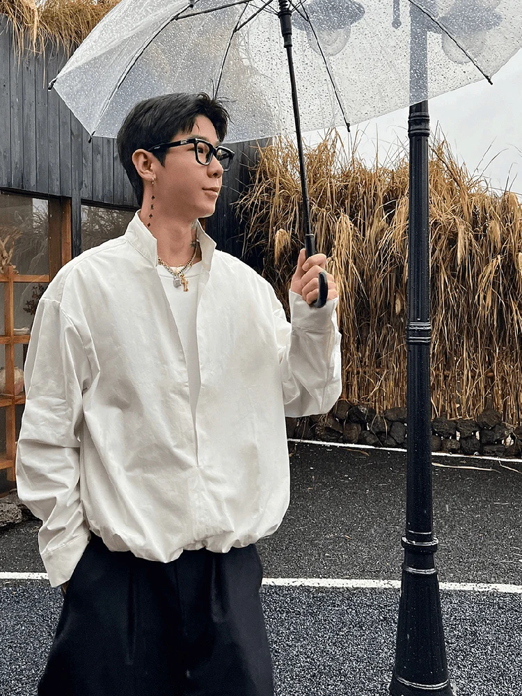 

White Deep V Collar Long Sve irt Fake Two-Piece Design Men's Early Autumn Waist-Cinching Hooded Jaet Outerwear