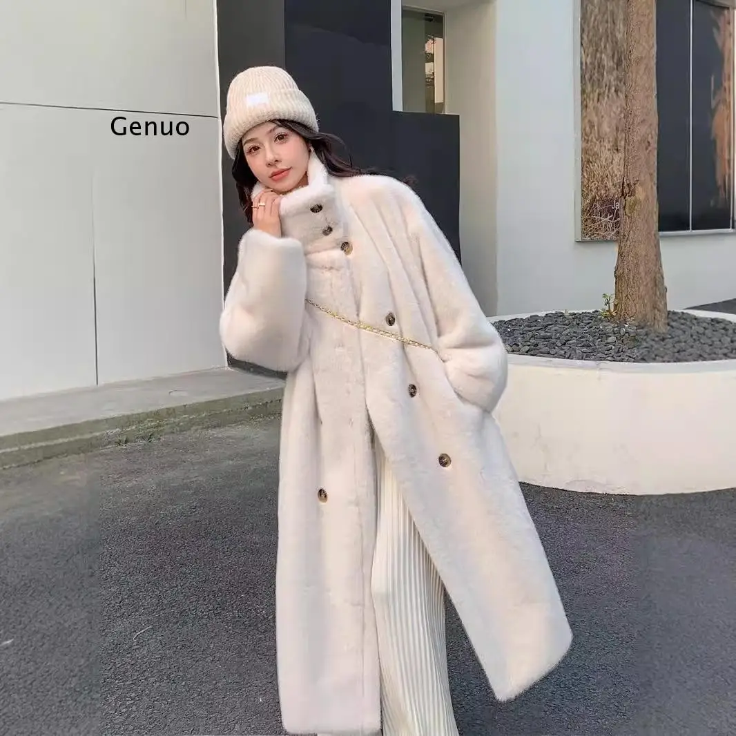 Winter High Neck Faux Mink Fur Long Plush Coat Women Loose Oversized Double-breasted Fluffy Outerwear