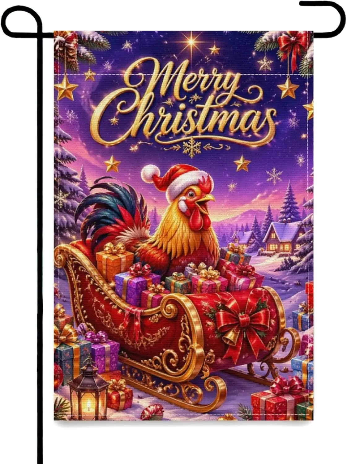 Merry Christmas Welcome Garden Flag 12x18Inch Fun Rooster Santa Sleigh Gifts,Cute Animal Outdoor Holiday Yard Decor,Snow For MMZ