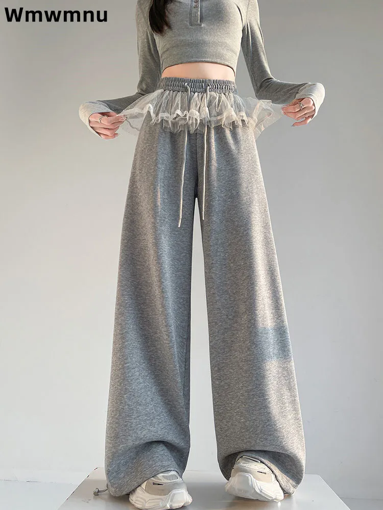 Lace Patchwork Fashion Wide Leg Pants Korean High Waisted Straight Wide Leg Pantalones Women's Casual Loose Lace Up Trousers