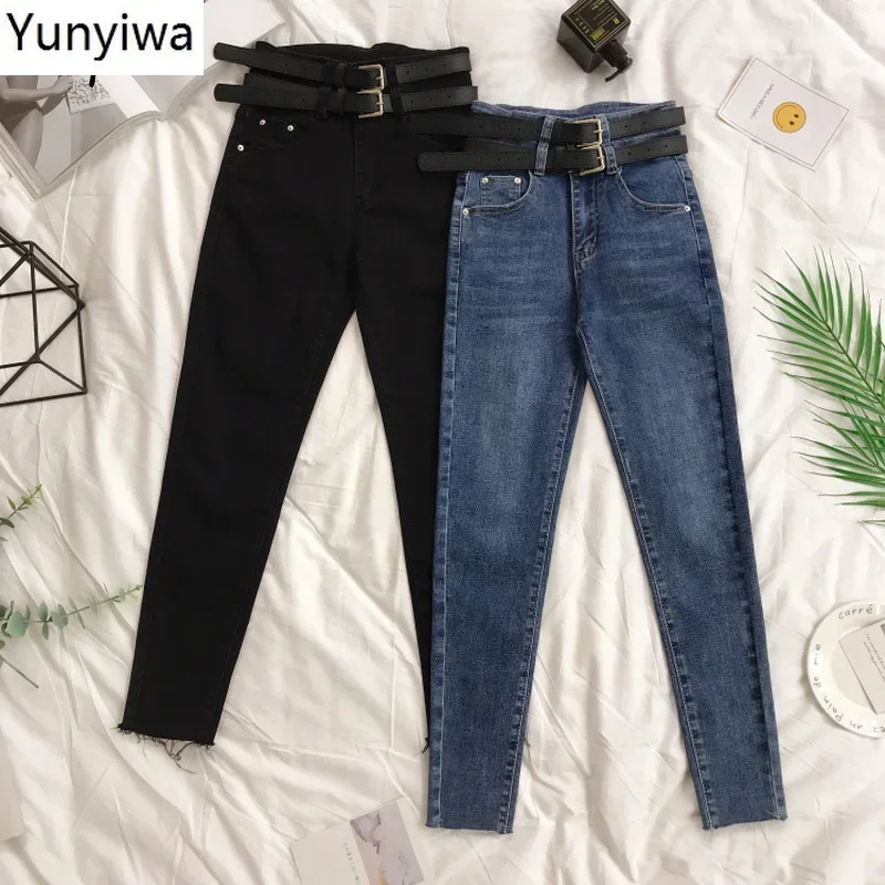 

Chic Double Sashes Zip Ankle-length Pants Autumn New Denim Pants Women Double Pockets High Waist Pencil Pants