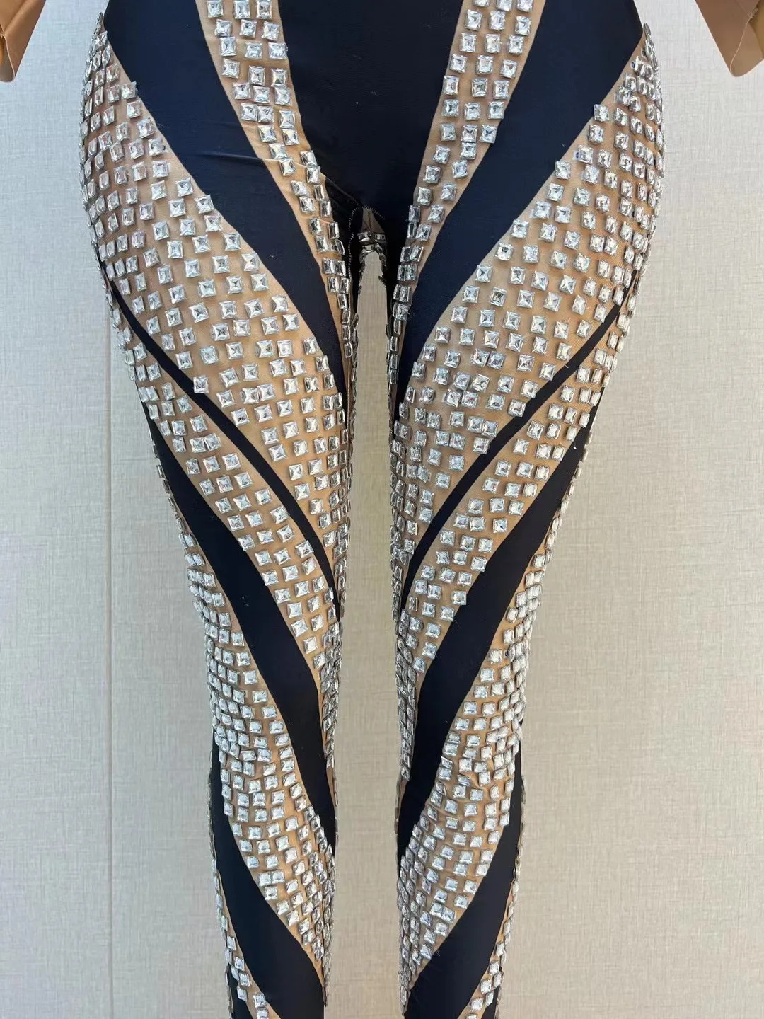 Sexy Bühne Silber Strass Nude BlackJumpsuit Overall Abend Geburtstag Feiern Kostüm Leggings FotoshootingJumpsuit C183