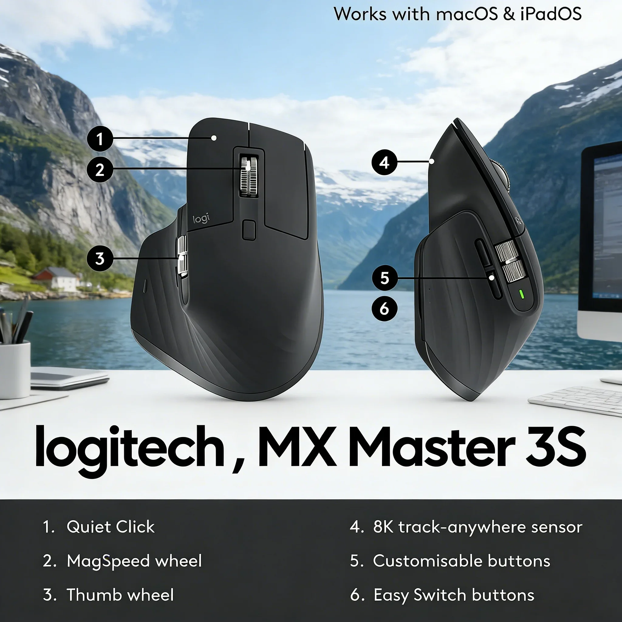 

Беспроводная Bluetooth-мышь Logitech MX Master 3S с лазерным отслеживанием 8000 DPI, эргономичным дизайном SoftTone для бизнеса, офиса и ноутбуков