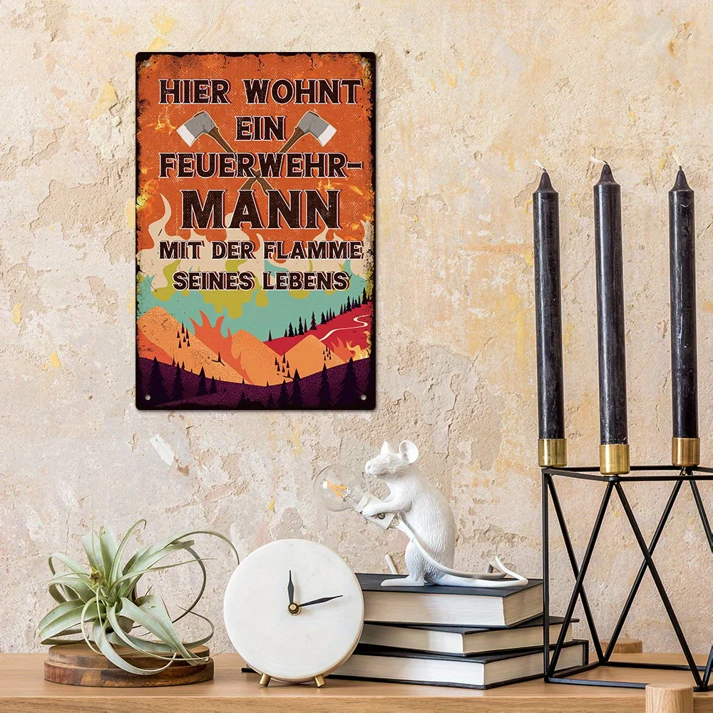 Vintage German Firefighter Metal Tin Sign - 