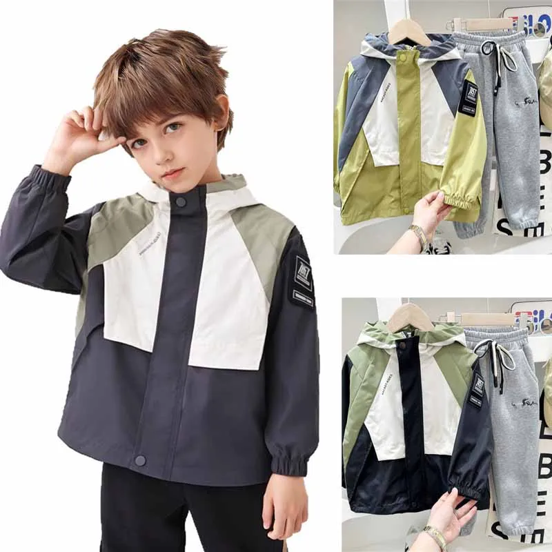New colorblocked Trench Jacket Autumn Boys Hooded Windbreaker Coat Spring Children Clothes Kids Casual Zipper Workwear Outerwear